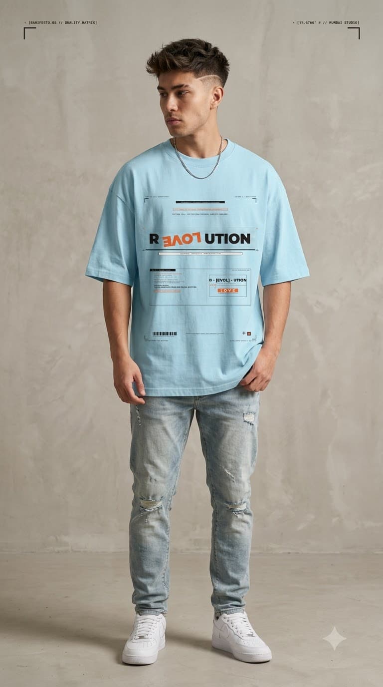 MUDDLY Unisex Oversized Heavyweight Tee (WHITETEEREVOL) in Baby Blue - 240 GSM French Terry Cotton oversized fit - Detail View